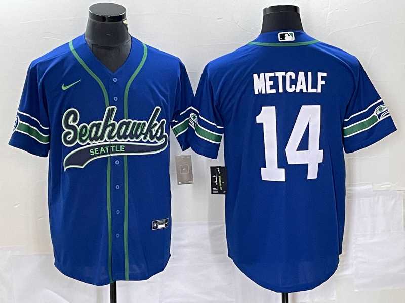 Men%27s Seattle Seahawks #14 DK Metcalf Blue With Patch Cool Base Stitched Baseball Jersey
